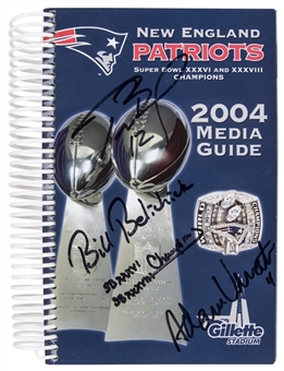 Tom Brady, Bill Belichick & Adam Vinatieri Multi Signed 2004 New England Patriots Media Guide From Dick Enberg Collection (Letter of Provenance & Beckett)